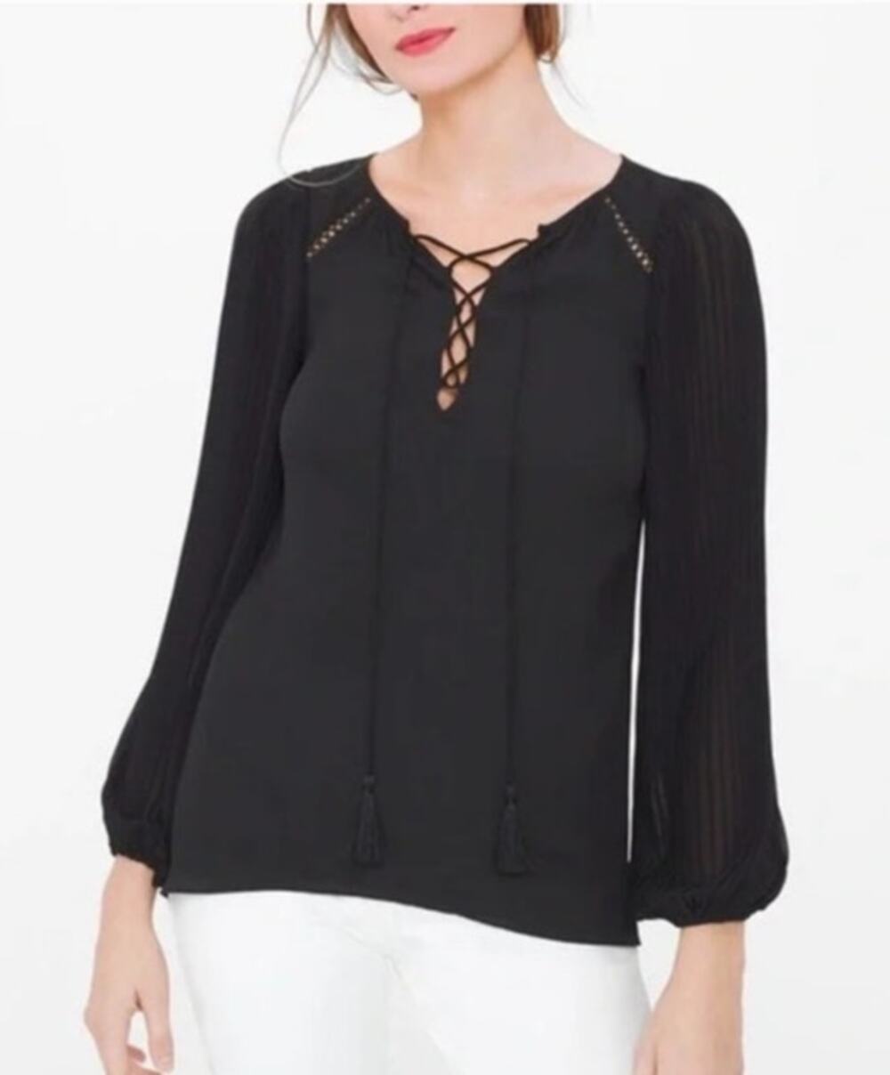White House Black Market Lena Pleated Sleeve Shirt Top Black Balloon Crepe sz 16